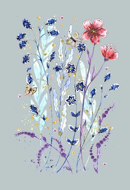 Flores de pradera pintadas en acuarela sobre fondo gris. Ilustración para decoración. - Foto, imagen