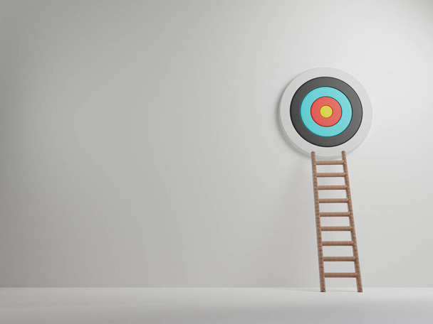 The ladder leaned towards the wall on which the target was hung with copy space , Business achievement  and objective target concept by 3d render technique. - Foto, Imagem