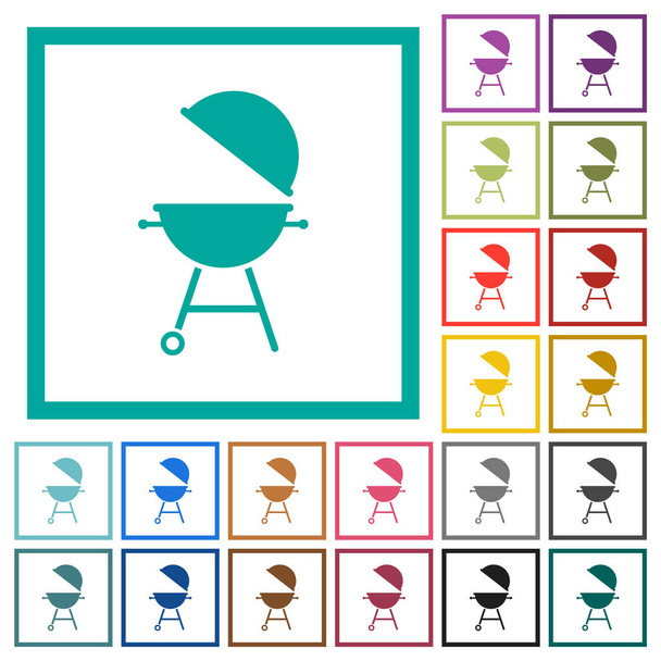 Barbecue grill with open cover flat color icons with quadrant frames on white background - Vector, afbeelding