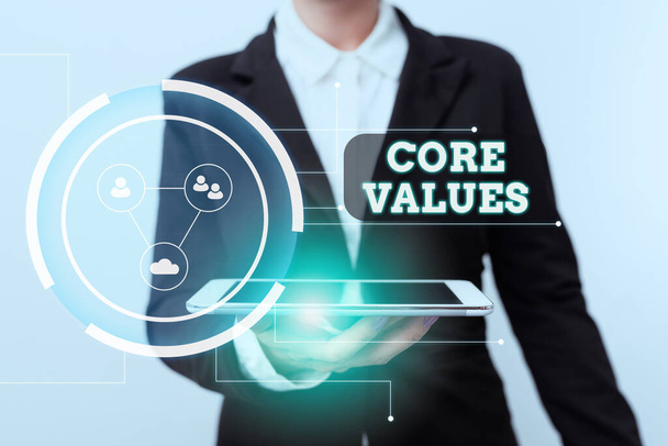 Inspiration showing sign Core Values. Business overview principles which guide and determine what is wrong and right Woman In Suit Standing Using Device Showing New Futuristic Virtual Tech. - Photo, Image
