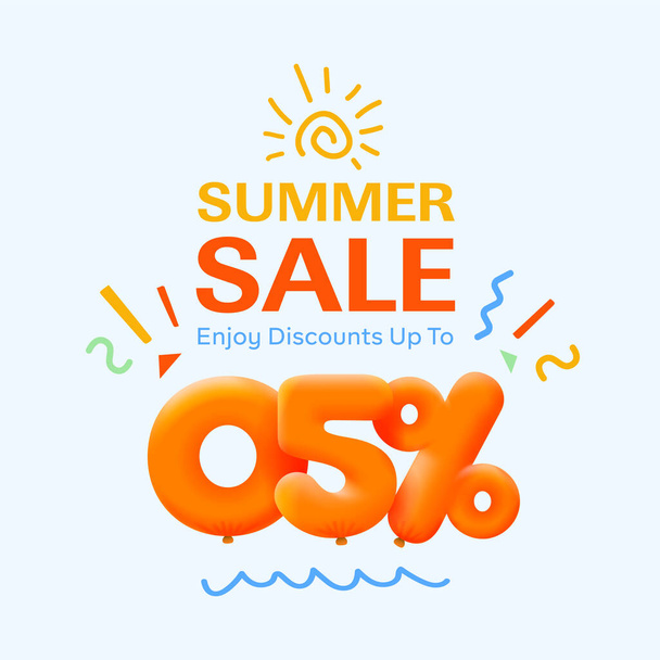 Banner especial de venta de verano con descuento 05 por ciento en forma de globos 3d, publicidad promocional de compras de temporada, diseño de vectores      - Vector, imagen