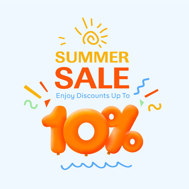Banner especial de venta de verano con descuento 10 por ciento en forma de globos 3d, publicidad promocional de compras de temporada, diseño de vectores      - Vector, imagen