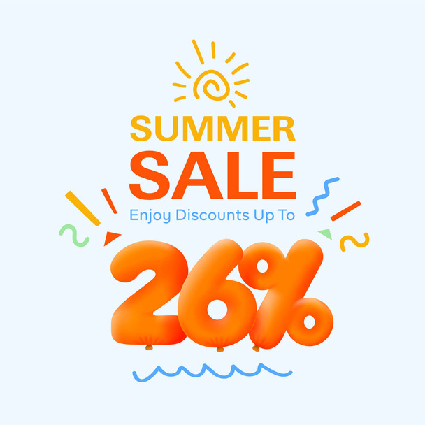 Banner especial de venta de verano con descuento 26 por ciento en forma de globos 3d, publicidad promocional de compras de temporada, diseño de vectores      - Vector, imagen