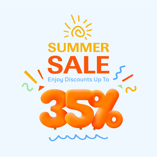 Bannière spéciale de vente d'été avec réduction 35 pour cent sous forme de ballons 3d, publicité promotionnelle de shopping saisonnier, conception vectorielle      - Vecteur, image