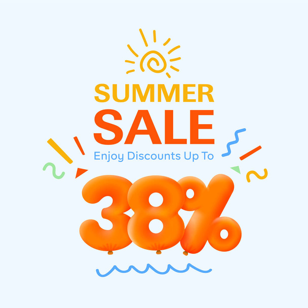 Banner especial de venta de verano con descuento 38 por ciento en forma de globos 3d, publicidad promocional de compras de temporada, diseño de vectores      - Vector, imagen