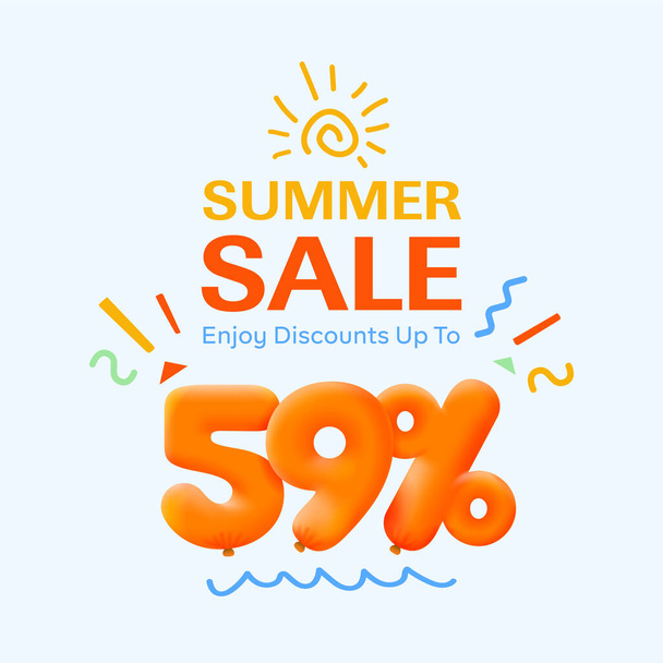 Banner especial de venta de verano con descuento 59 por ciento en forma de globos 3d, publicidad promocional de compras de temporada, diseño de vectores      - Vector, imagen