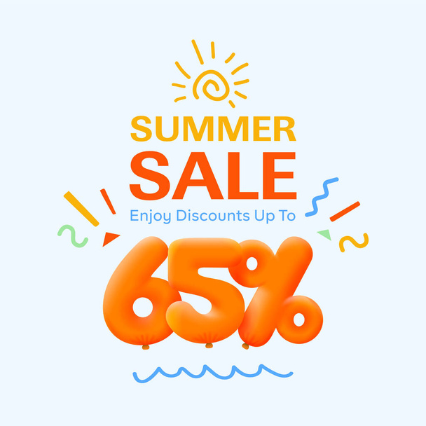 Banner especial de venta de verano con descuento 65 por ciento en forma de globos 3d, publicidad promocional de compras de temporada, diseño de vectores      - Vector, imagen