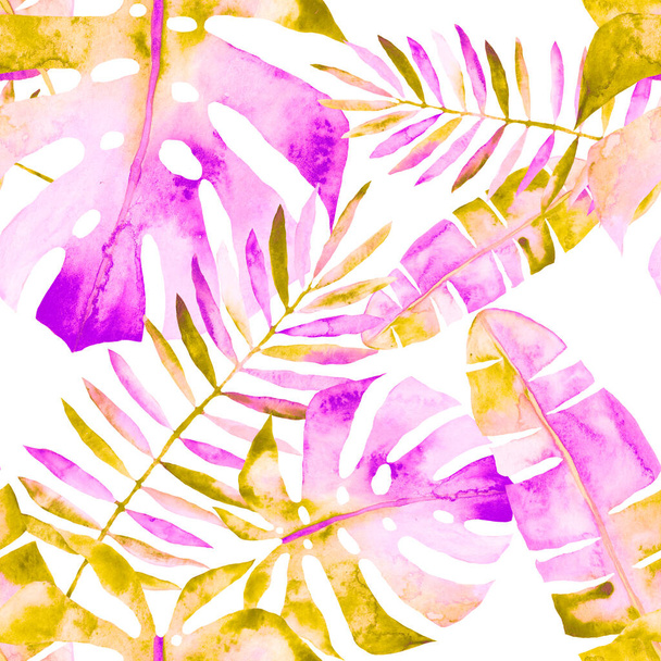 Akvarell zökkenőmentes minta színes elvont trópusi levelek. Fényes nyári nyomtatás egzotikus növényekkel. Kreatív trendi botanikus textiltervezés. - Fotó, kép