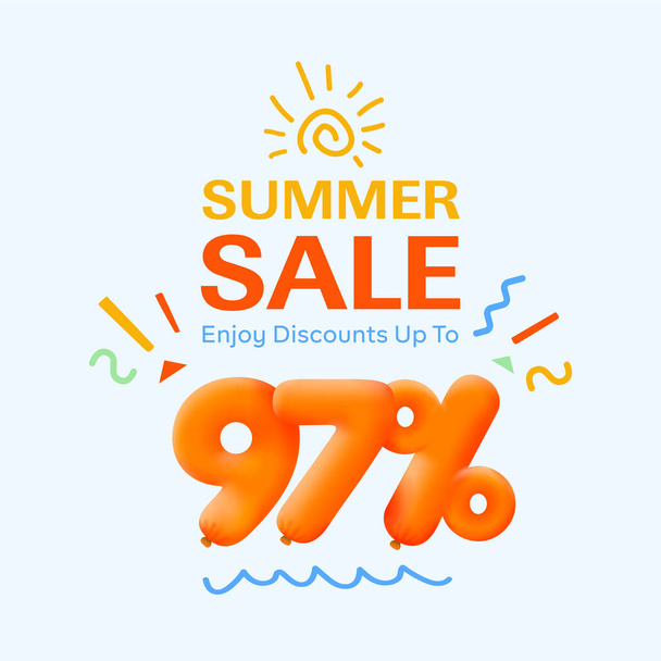 Banner especial de venta de verano con descuento 97 por ciento en forma de globos 3d, publicidad promocional de compras de temporada, diseño de vectores      - Vector, imagen