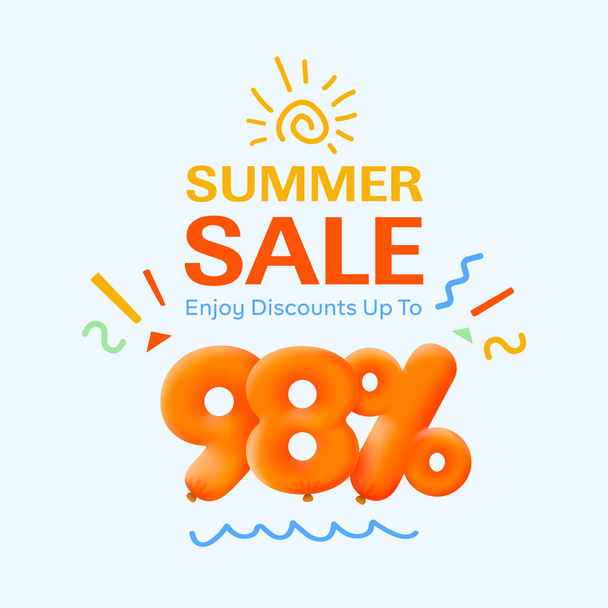 Banner especial de venta de verano con descuento 98 por ciento en forma de globos 3d, publicidad promocional de compras de temporada, diseño de vectores      - Vector, imagen