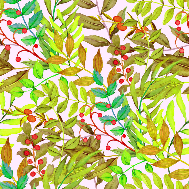 ヴィンテージの葉と水彩シームレスパターン。装飾的なデザインのためのカラフルな葉を持つ美しい植物プリント。明るい春や夏の背景。ヴィンテージの結婚式の装飾。テキスタイルデザイン. - 写真・画像
