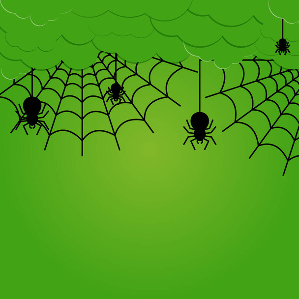 Halloween banner with Spider Hanging from Cobweb on green Background with night clouds and Copy Space place for text. paper cut style.Vector illustration. - Vector, Image