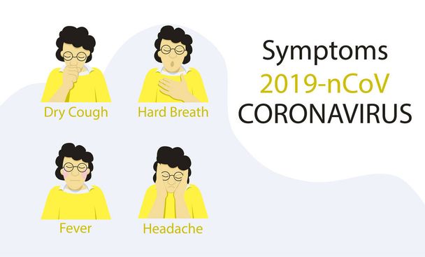 Infographie du personnage masculin avec symptômes 2019-nCoV Coronavirus, toux, fièvre, éternuements, maux de tête, difficultés respiratoires. Illustration vectorielle plate. - Vecteur, image