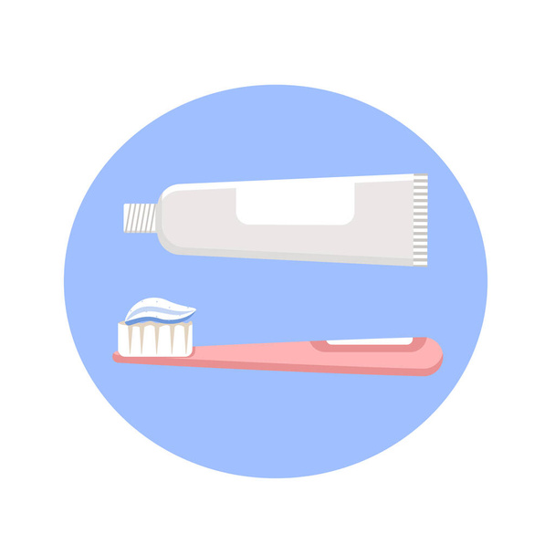 Zahnbürste und Zahnpasta-Symbol auf blauem Hintergrund für Prothesen-Symbol. Zähneputzen und zahnärztliche Geräte. Hygiene und Mundpflege. Flache Vektorabbildung. - Vektor, Bild