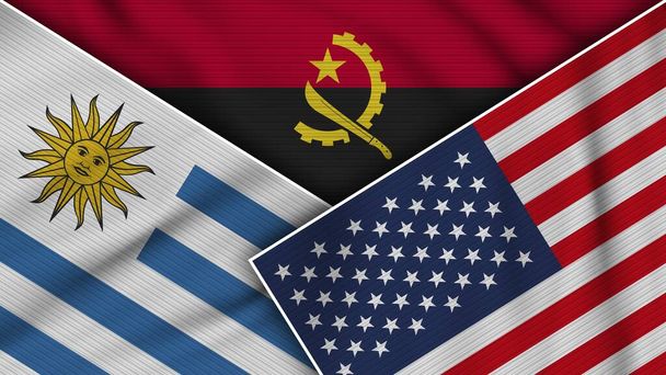Angola Amerikai Egyesült Államok Uruguay Flags Together Fabric Texture Effect Illustration - Fotó, kép