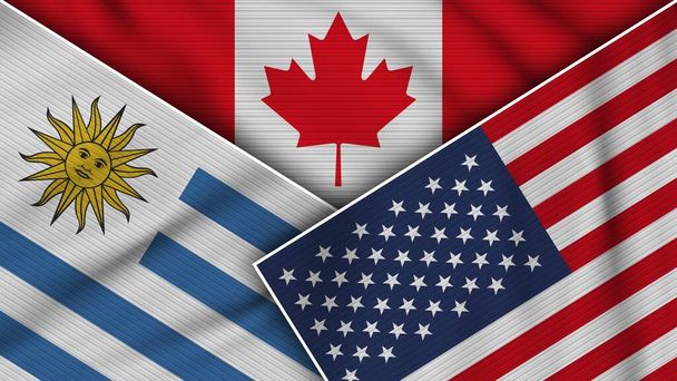 Kanada Stany Zjednoczone Ameryki Urugwaj Flagi Razem Fabric Texture Effect Illustration - Zdjęcie, obraz