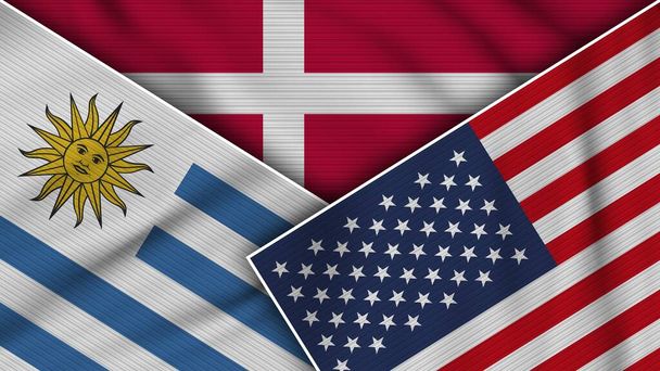 Dania Stany Zjednoczone Ameryki Urugwaj Flagi Razem Fabric Texture Effect Illustration - Zdjęcie, obraz