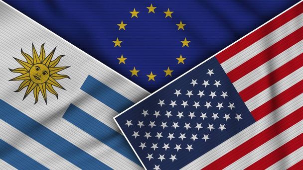 Unia Europejska Stany Zjednoczone Ameryki Urugwaj Flagi Razem Tworzywo Tekstura Efekt Ilustracja - Zdjęcie, obraz