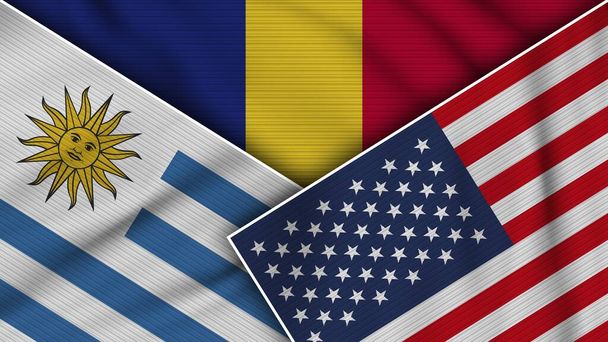 Rumunia Stany Zjednoczone Ameryki Urugwaj Flagi Razem Fabric Texture Effect Illustration - Zdjęcie, obraz