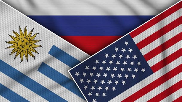 Rosja Stany Zjednoczone Ameryki Urugwaj Flagi Razem Fabric Texture Effect Illustration - Zdjęcie, obraz