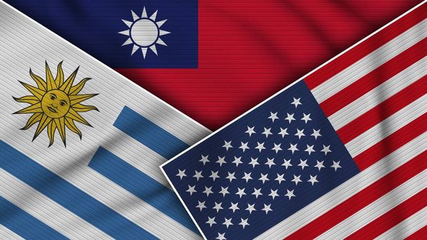 Tajwan Stany Zjednoczone Ameryki Urugwaj Flagi Razem Fabric Texture Effect Illustration - Zdjęcie, obraz