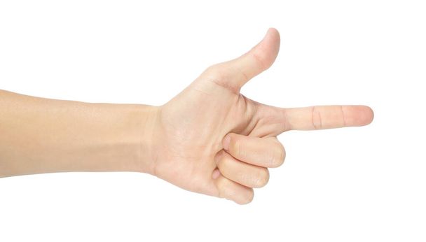 geste doigt pointant la main gauche et signe masculin isolé sur fond blanc avec chemin de coupure. - Photo, image