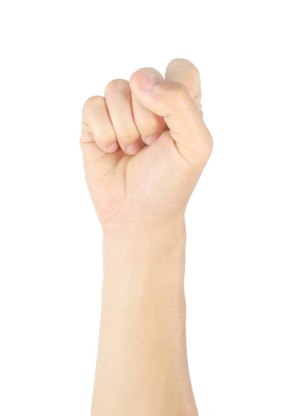 Lähikuva miesten käsi merkki nosta kätesi, nosta nyrkki eleet ja symbolit Eristetty valkoisella taustalla leikkausreitillä. - Valokuva, kuva