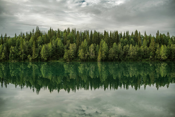 Glacial Lake en de Spruce Forest Line Scenic Nature Symmetrische afstemming Water Reflections. Noord-Noorwegen. - Foto, afbeelding
