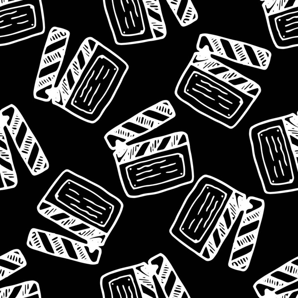 vector seamless pattern from Movie clapperboard doodle. a hand-drawn movie firecracker element is an isolated black contour geometrically arranged on a white background for a retro movie design template. Lights, camera, action. Sketch movie clapperbo - Вектор,изображение