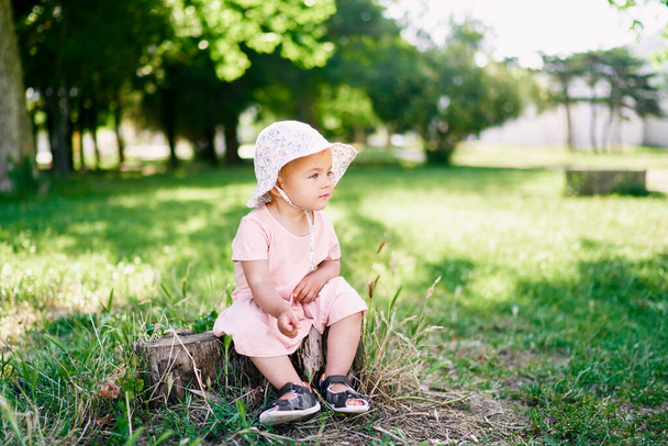 Mała dziewczynka w kapeluszu panamy siedzi na pniu na zielonym trawniku. Widok boczny - Zdjęcie, obraz