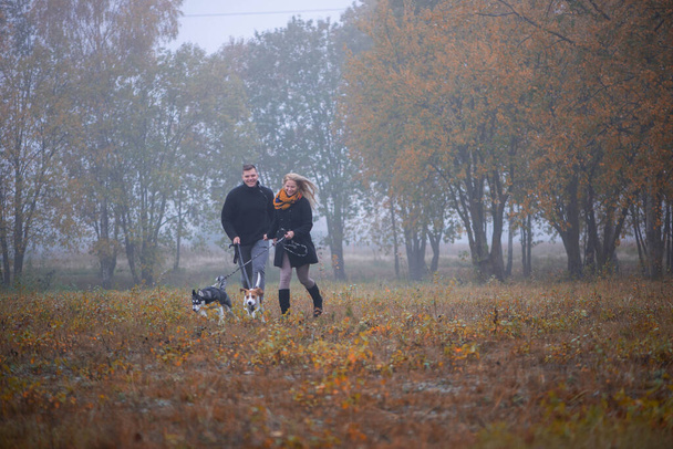 Happy young family couple with two dogs running in autumn park - Photo, Image