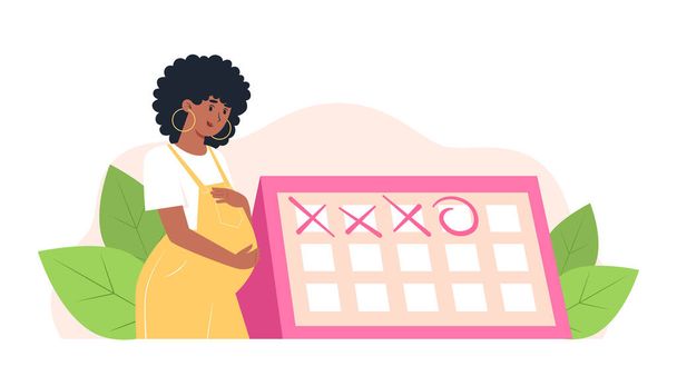 Glückliche Schwangere steht neben dem Kalender, geplanter Termin beim Frauenarzt - Vektor, Bild