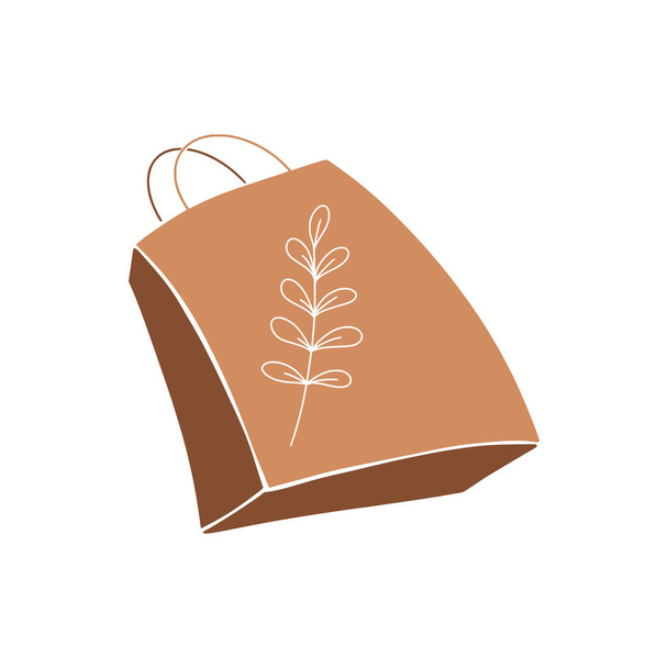 Hand drawn eco paper bag from craft paper, grocery store purchases, farmer market concept. Fresh fruits, vegetables buying. Ecology friendly shopping. Vector illustration - Vettoriali, immagini
