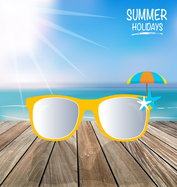 Summer holiday background. Sunglassess on wood terrace. Vector i - Διάνυσμα, εικόνα