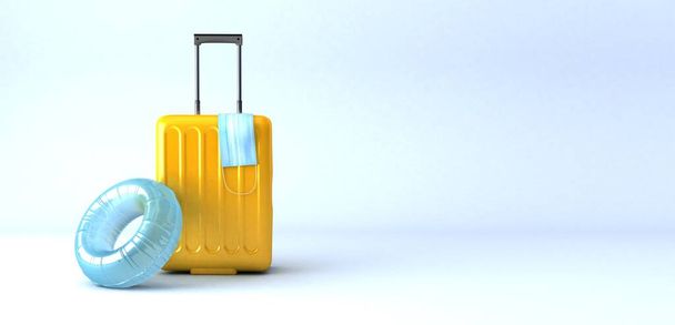 yellow suitcase with face mask and travel accessories on light blue background. 3d rendering - Photo, Image