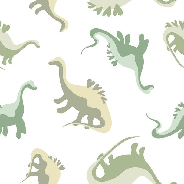 Cute seamless dinosaur pattern with hearts on their backs. Children's print with green dinosaurs, baby pattern for fabric, for textiles, for wrapping paper, for nursery. decorating Jurassic texture. - Vettoriali, immagini