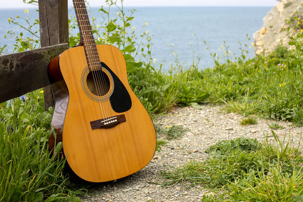 acoustic guitar stands near the fence in the green grass against the background of the sea. romantic music sound concept on the beach - Fotó, kép