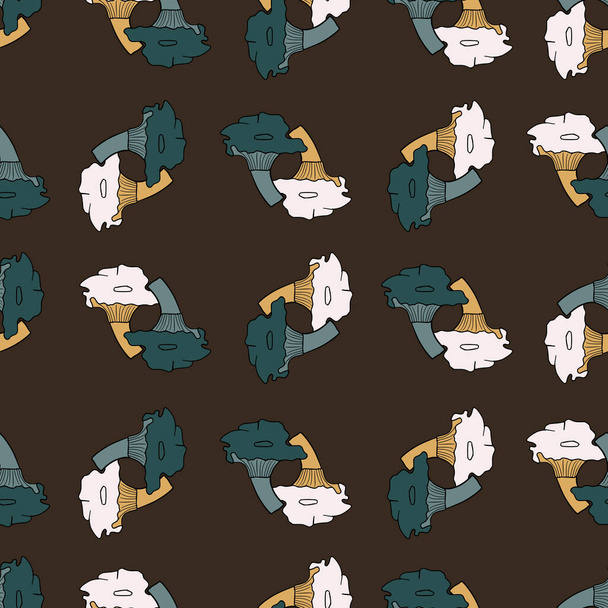 Organic seamless pattern with cantharellus cibarius mushroom print. Dark brown background. Stock illustration. Vector design for textile, fabric, giftwrap, wallpapers - Vektor, obrázek