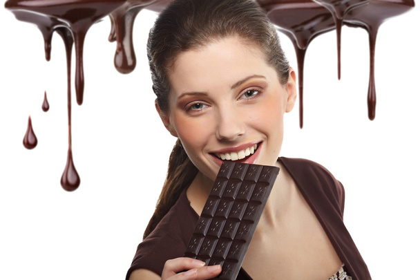 portrait of beautiful woman with a chocolate desert - Zdjęcie, obraz