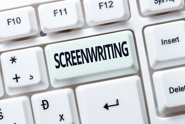 Podpis tekstowy prezentujący Screenwriting. Word Written on the art and craft of writing scripts for media communication Typing And Publishing Descriptions Online, Writing Informative Data - Zdjęcie, obraz