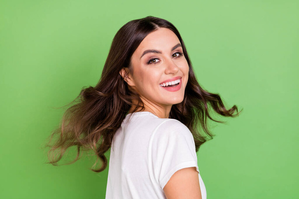 Profile photo of funny brunette young lady wear white t-shirt isolated on green color background - Φωτογραφία, εικόνα