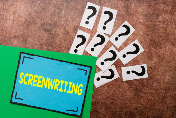 Hand writing sign Screenwriting. Business concept the art and craft of writing scripts for media communication Writing Inquiries And Thinking Of New Ideas, Breaking Confusion And Mystery - Photo, Image