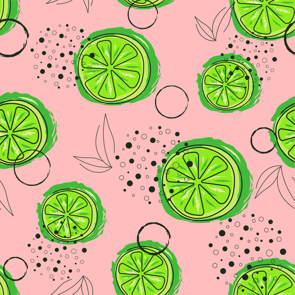  ライムシームレスなパターン。柑橘類の果実ベクトルイラスト背景。緑とピンクの色。葉、円、ライムデザイン要素。線画だ。ブラシだ。印刷,テクスチャ,壁紙,背景,繊維. - ベクター画像
