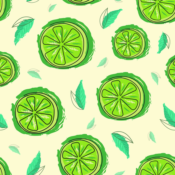  Bezešvý citrónový vzor. Citrusové ovoce Vektorové ilustrace Pozadí. Zelené barvy. Leaves and Limes Design Elements. Linkové umění. Štětce. Tisk, Textura, Tapeta, Backdrop, Textilní. - Vektor, obrázek