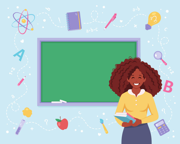 Black female teacher in classroom with chalkboard. Back to school, teacher's day concept. Vector illustration - Vector, Image