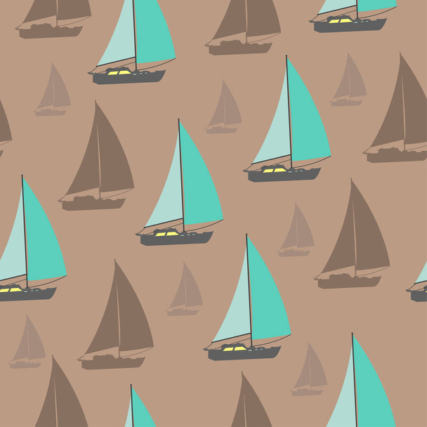 Ships on the waves in the sea seamless pattern. Light pastel background with sailing boats. - Vecteur, image