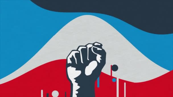 Cartoon ontwerp van een mannelijke sterke vuist op een kleurrijke zwaaien eenvoudige achtergrond. Animatie. Concept van kracht, protest en woede. - Video