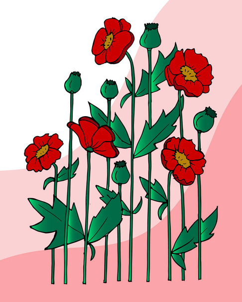 Illustration vectorielle, invitation de mariage, carte de lettrage, logo, coquelicots rouges sur vagues roses - Vecteur, image
