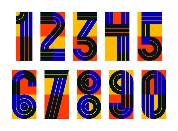 Geometric numbers set, vector digits, retro 90s style trendy numerals made with geometry elements, lined stripy design. - Vector, Imagen