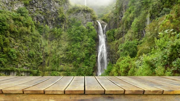 空の木製テーブル映像とともにジャングルの滝を背景に - 映像、動画